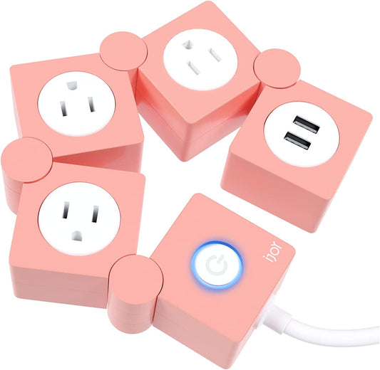 Flexible Power Strip- 3 AC Outlets and 2 USB Charging Ports with 5 Ft Extension Cord- 1250W/125V Decorative Surge Protector Outlet Extender for Home Office, Dorm, Room and More (Pink)